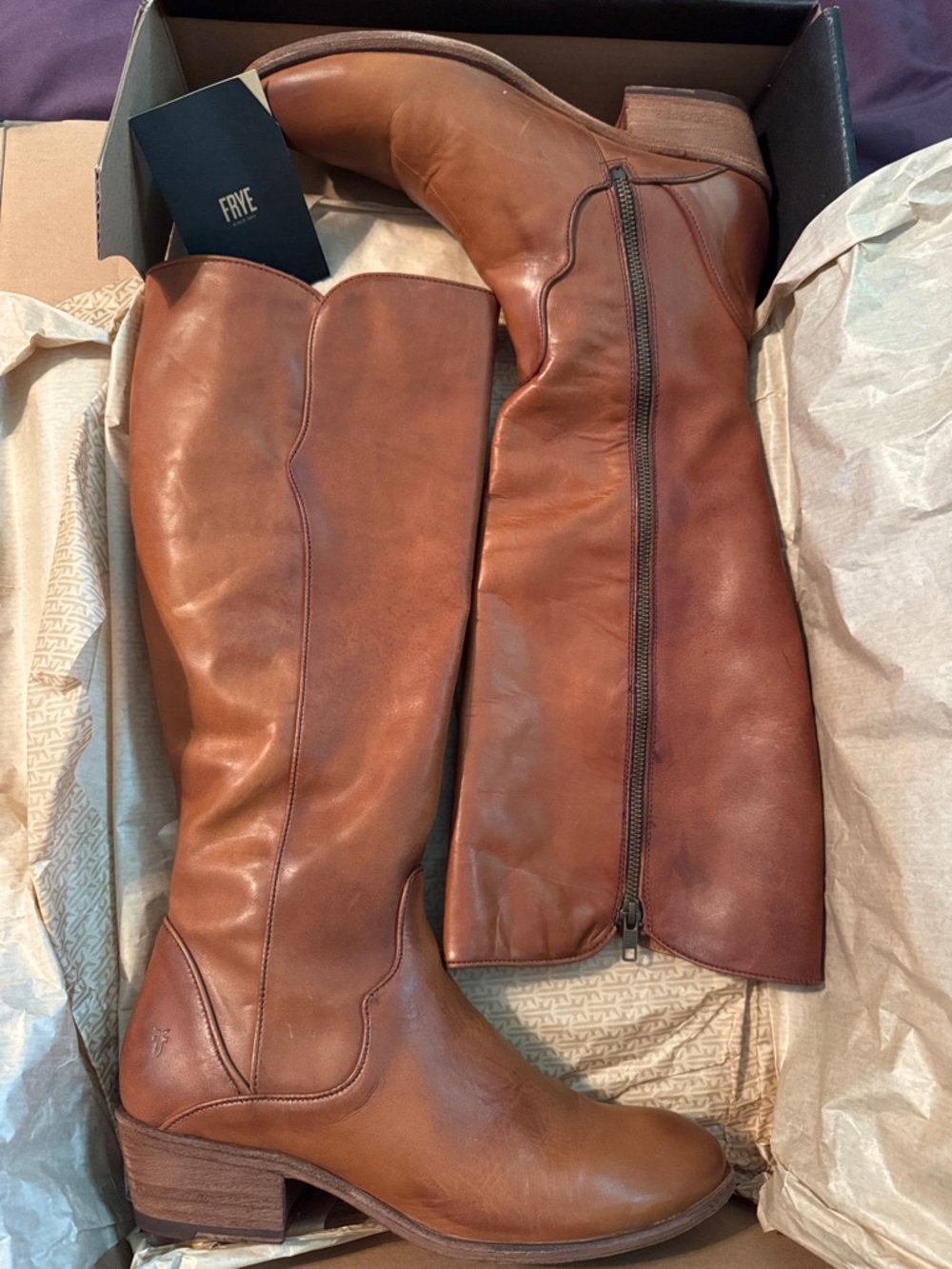 Frye Carson Piping Tall Brown Leather Boots - Picture 2 of 11